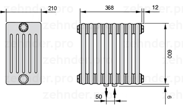 Схема (чертеж) Радиатор Zehnder Charleston 6060/8 №5410 Белый глянцевый RAL 9016